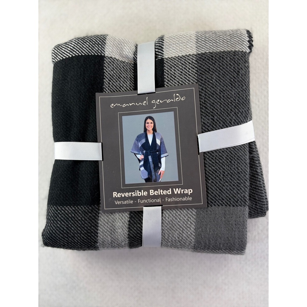 Emanuel Geraldo Reversible Belted Wrap Plaid Black Grey White One Size NWT